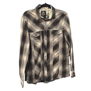 English Laundry Western style Large Plaid Button Down Grey Tan Floral Trim